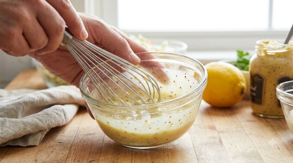 A creamy coleslaw dressing being whisked in a small bowl showing its smooth consistency