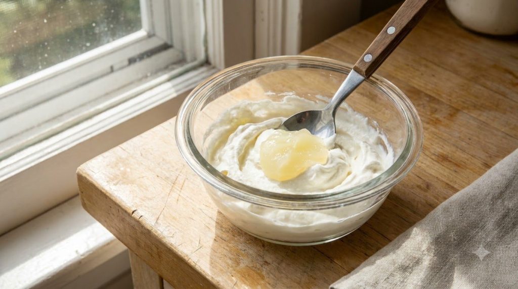A small bowl of fresh whipped cream with a dollop of Vaseline being gently folded in on a kitchen counter