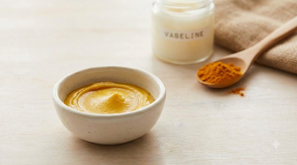 A small bowl with a yellow turmeric and Vaseline paste next to a jar of Vaseline and a spoonful of turmeric powder