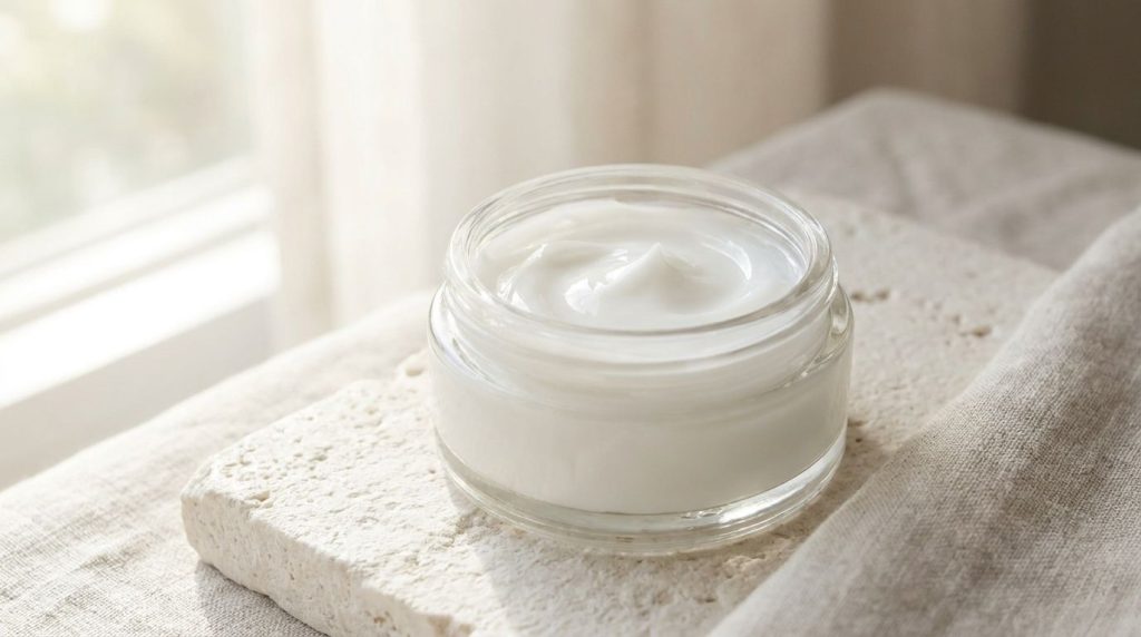 A small clean airtight container filled with a smooth white gel-like substance representing the finished DIY Collagen Ni