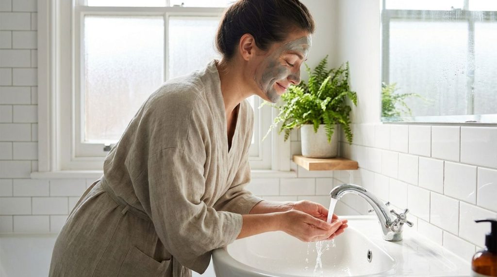 A woman rinsing off a face mask from her face at a sink with soft light and a clean bathroom background