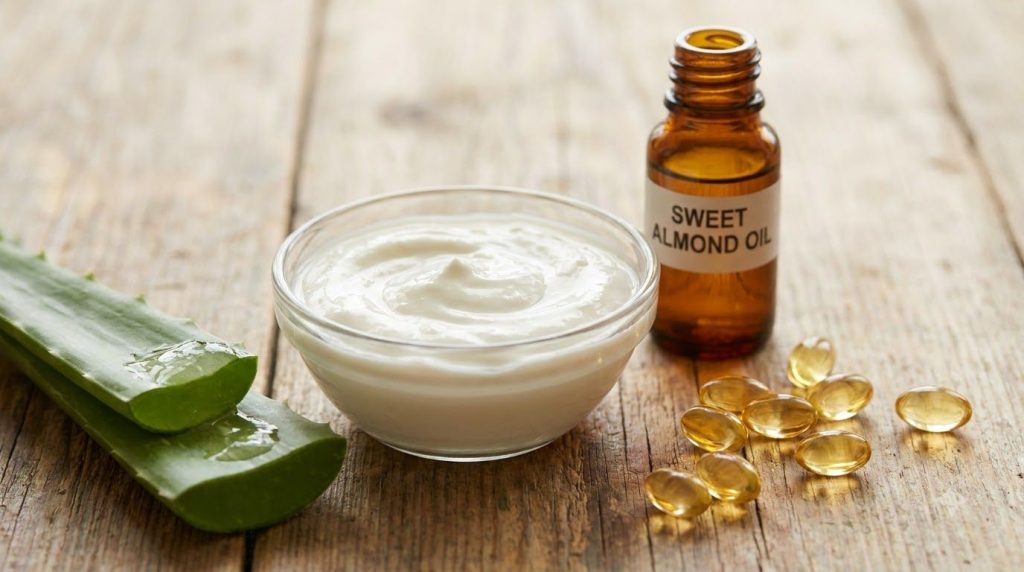 Small glass bowl with a creamy white homemade face mask mixture next to aloe vera leaf almond oil bottle and vitamin E c
