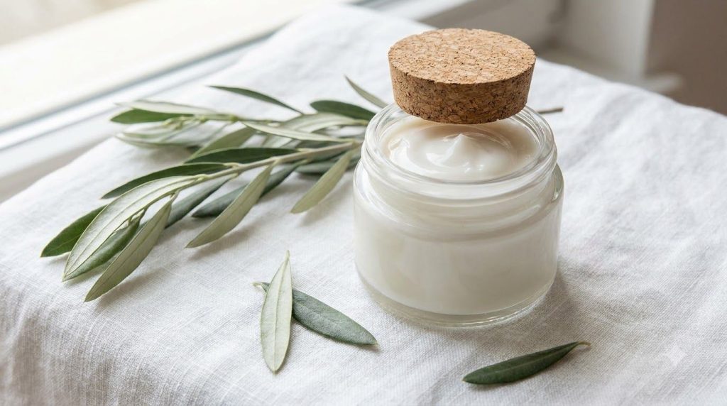 A small glass jar filled with a creamy white homemade Vaseline and olive oil mixture with a sprig of olive leaves beside