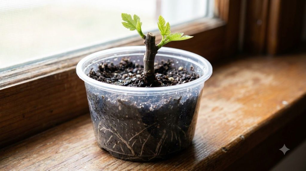 Close-up of a fig cutting with new leaves and visible roots in a small pot with moist soil
