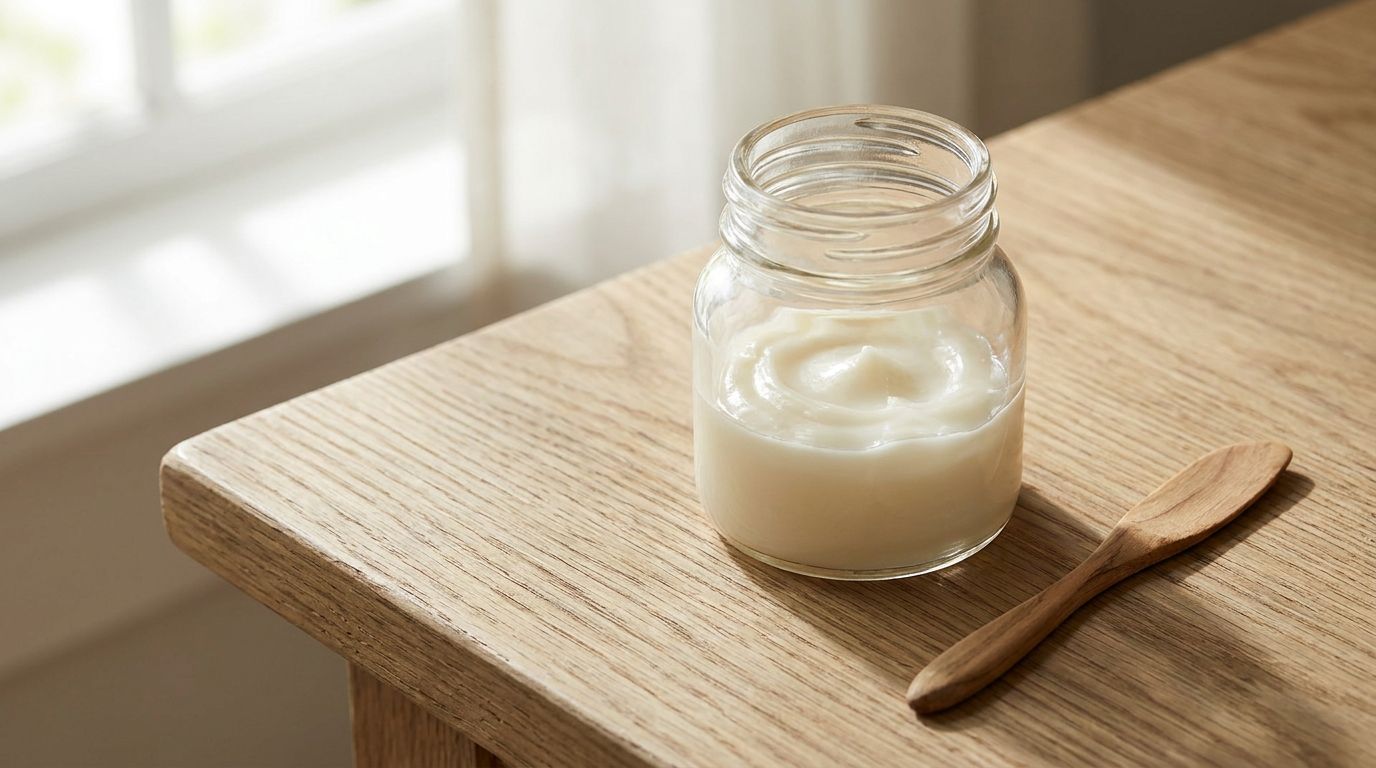 A small clear glass jar filled with a smooth white mixture of Nivea Creme and Vaseline with a wooden spatula resting bes