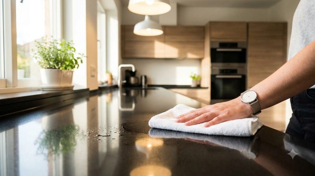 A hand wiping down a sparkling clean kitchen counter with a cloth showing the results of effective cleaning