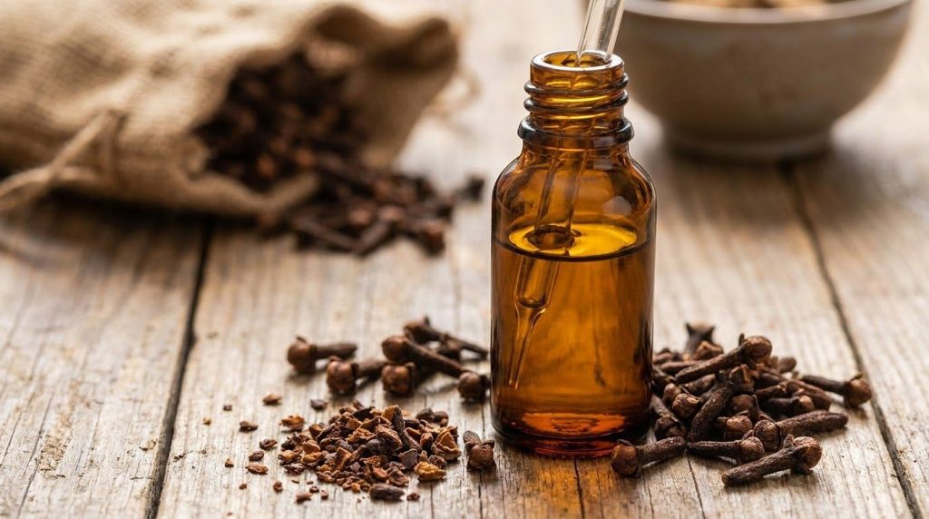 A close-up of a small glass dropper bottle filled with golden clove-infused oil next to a scattering of whole and crushe