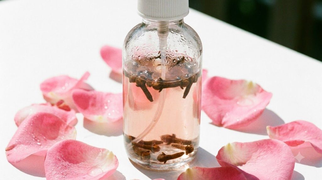 A small clear glass spray bottle filled with a light pink liquid rose water and a few whole cloves inside with fresh ros