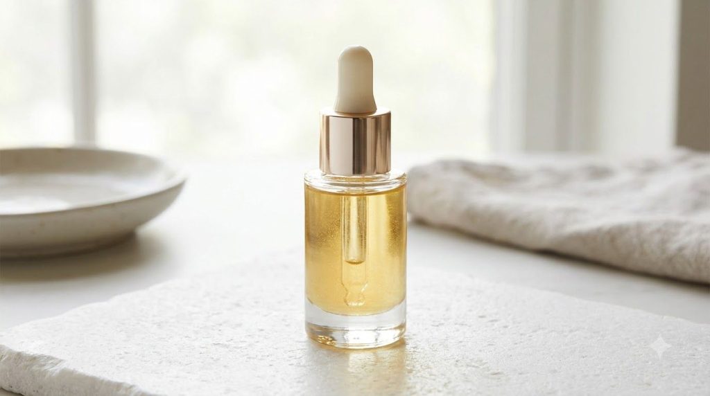 A small clear glass dropper bottle filled with a light amber-colored oil placed on a smooth clean surface The oil has a