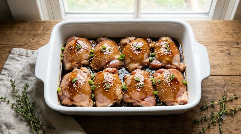Chicken thighs arranged in a baking dish covered with the soy sauce and honey glaze ready for baking