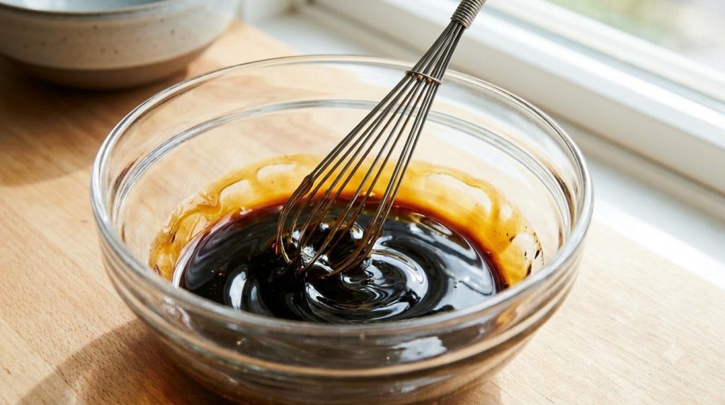 A small bowl with soy sauce and honey being whisked together showing the two liquids combining into a smooth glaze