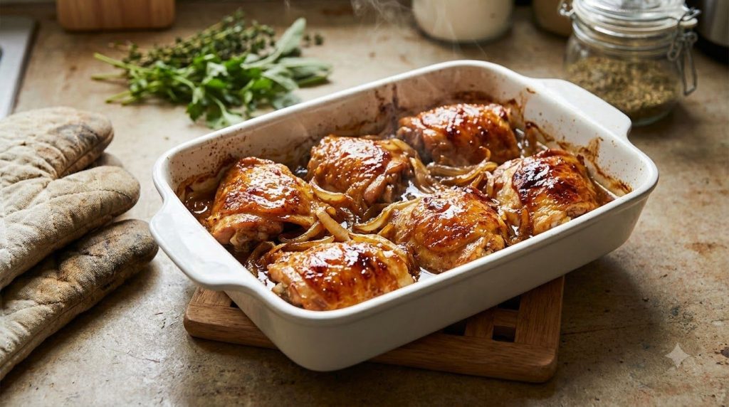 Baked glazed chicken thighs removed from the oven showing a dark sticky glaze and caramelized edges