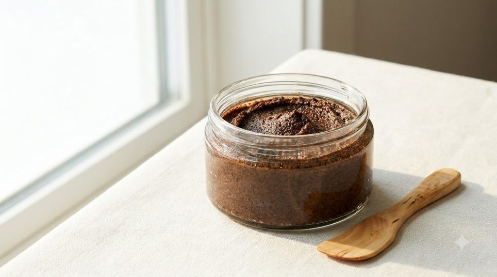 A small clean glass jar containing the mixed Vaseline and coffee paste with a small spatula beside it on a light backgro