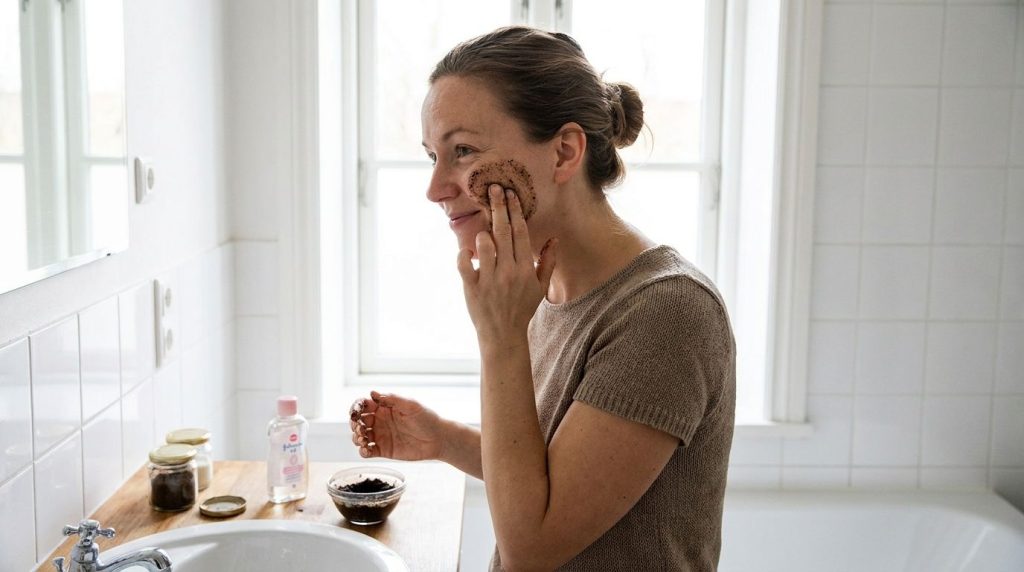 A woman gently massaging a coffee and baby oil scrub onto her face smiling softly The setting is a clean bright bathroom