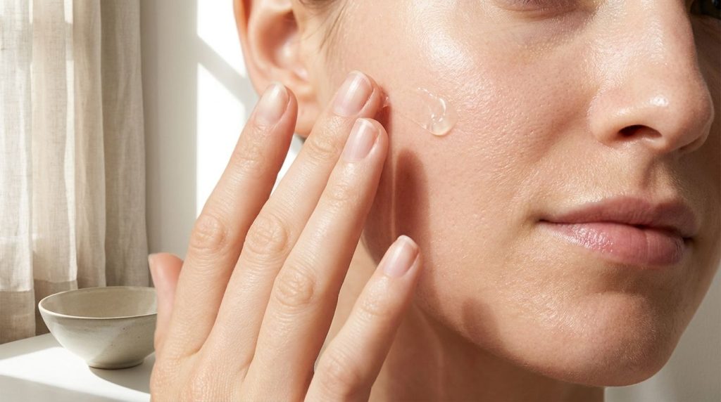 A woman gently applying a small amount of the glow gel to her cheek demonstrating the application process Her skin appea