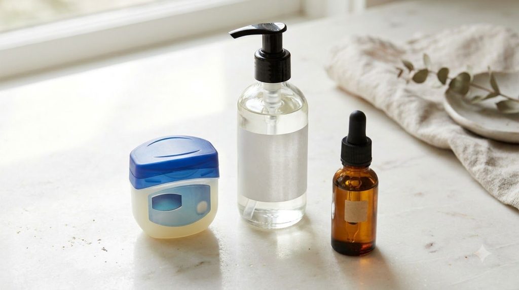 Individual ingredients laid out a jar of Vaseline a bottle of liquid fractionated coconut oil and a small bottle or caps