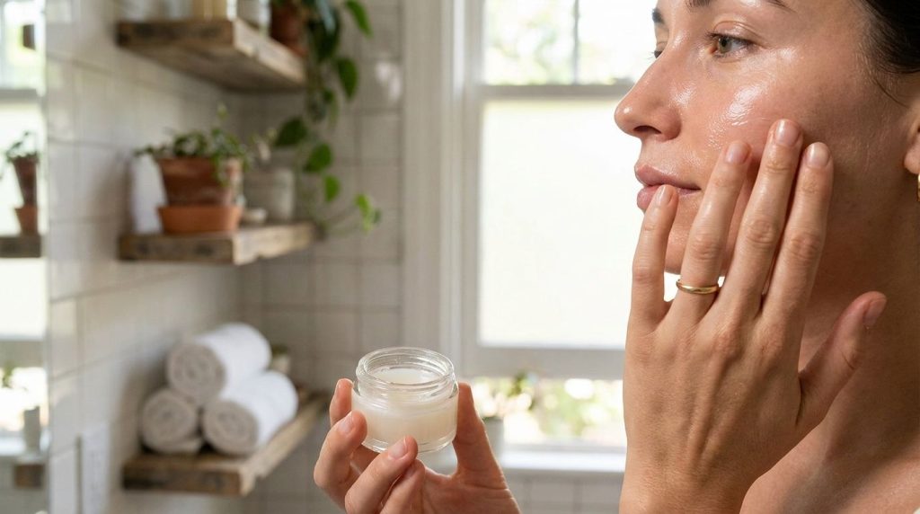 A woman s hand applying a homemade Vaseline blend to her face showing smooth glowing skin