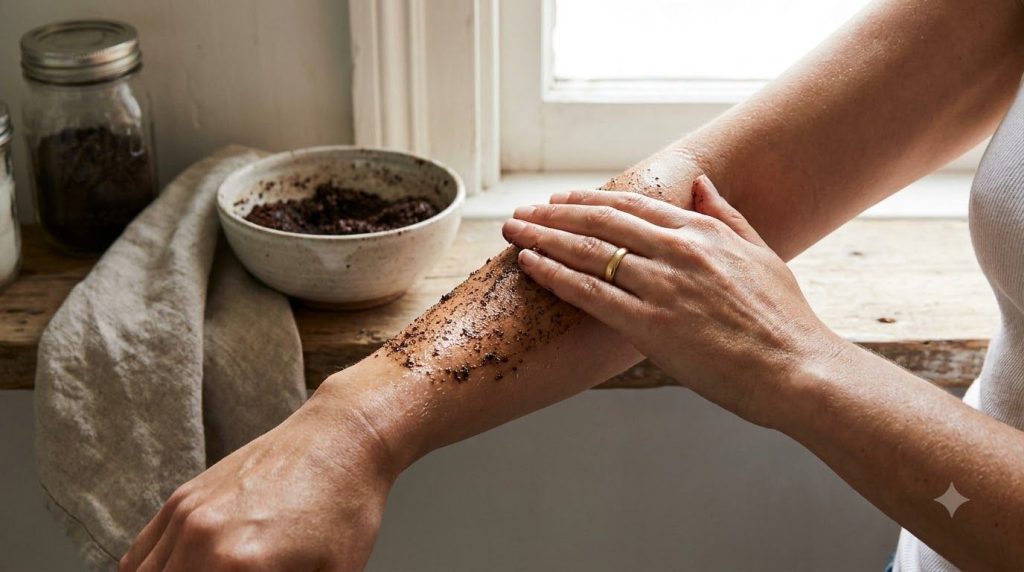 A woman gently massaging a homemade coffee scrub onto her arm with soft natural light illuminating her glowing skin