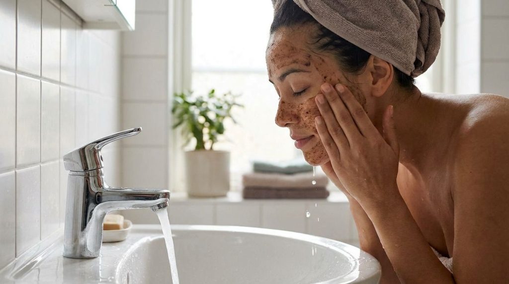 A woman gently rinsing off a coffee and baby oil mask from her face with water splashing lightly