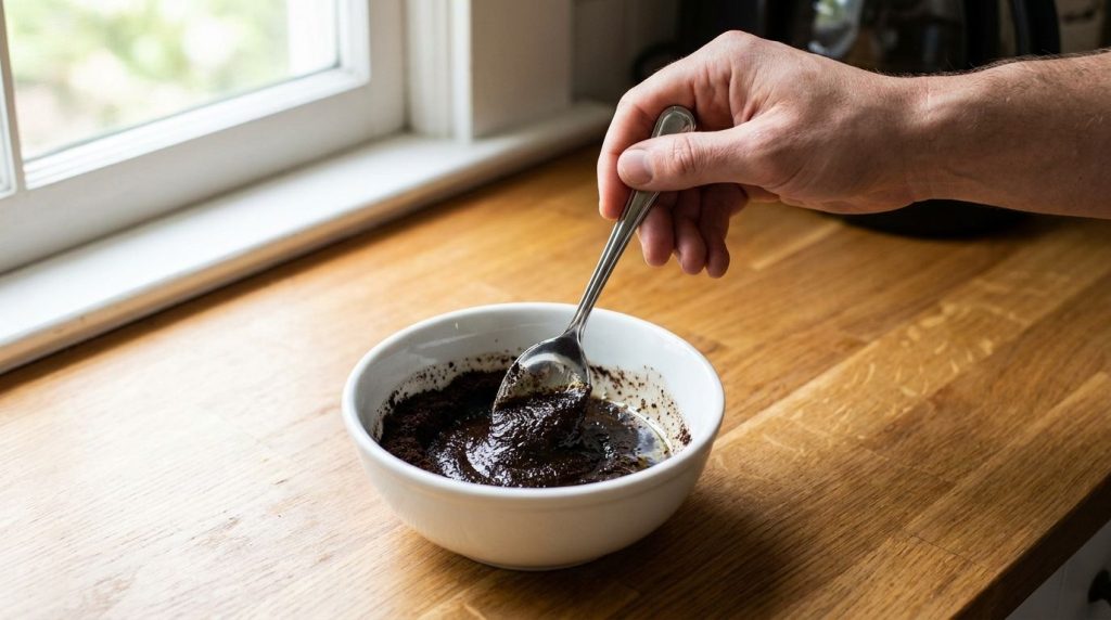 A person s hand mixing coffee grounds and baby oil in a small bowl with a spoon showing the creamy texture forming