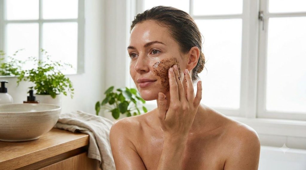 A woman gently applying a homemade coffee and baby oil face mask to her clean face with a soft natural expression