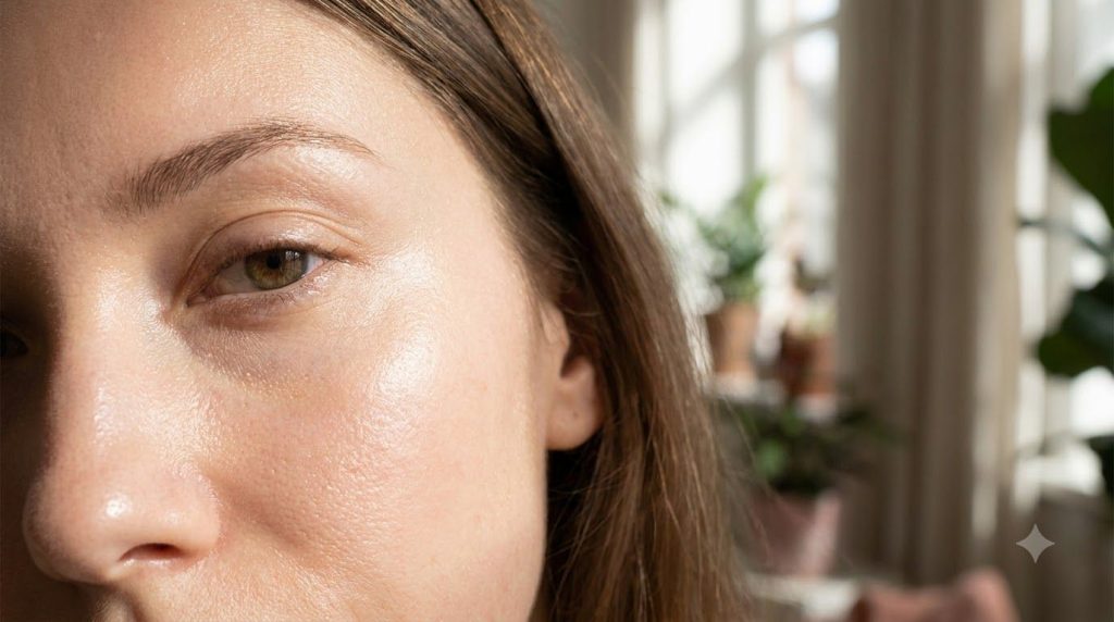 A close-up of a woman s glowing smooth skin after using a face mask with a radiant and healthy look