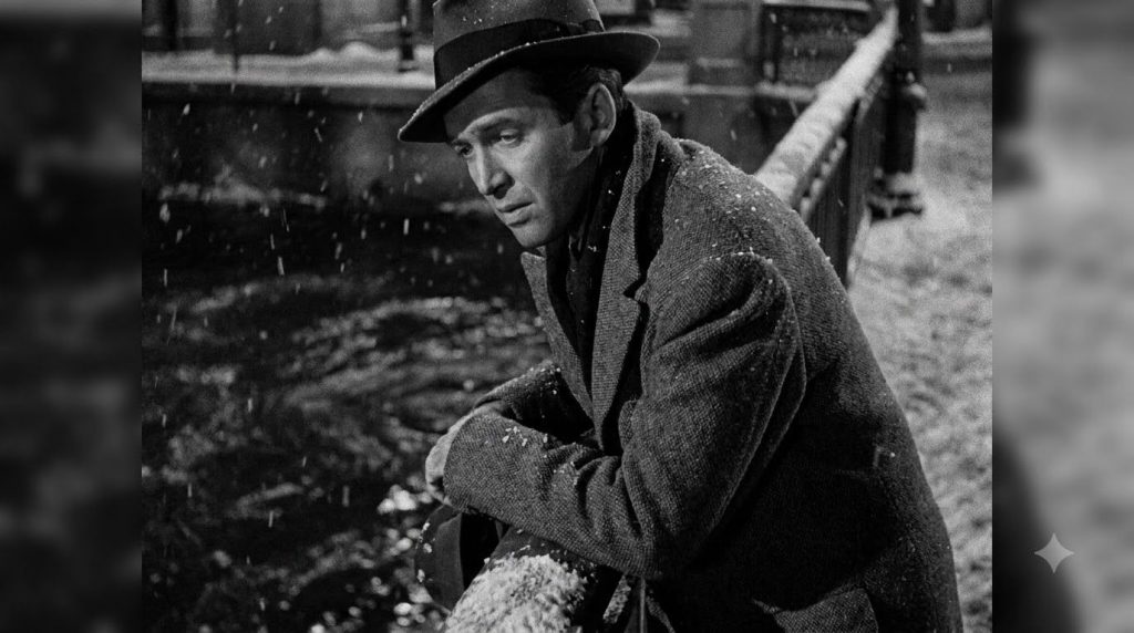 A real movie still from It s a Wonderful Life showing James Stewart as George Bailey