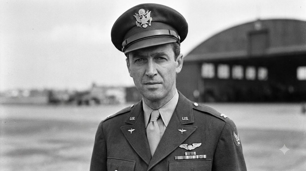 Archival photo of James Stewart in his U S Army Air Forces uniform during World War II looking serious