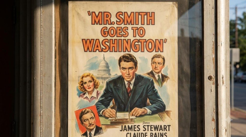 A real movie poster for Mr Smith Goes to Washington starring James Stewart