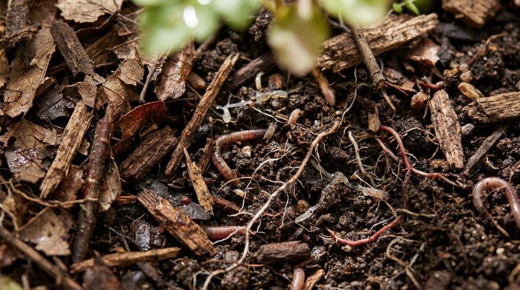 A close-up of healthy garden soil with various organic mulches like shredded leaves and wood chips showing vibrant plant