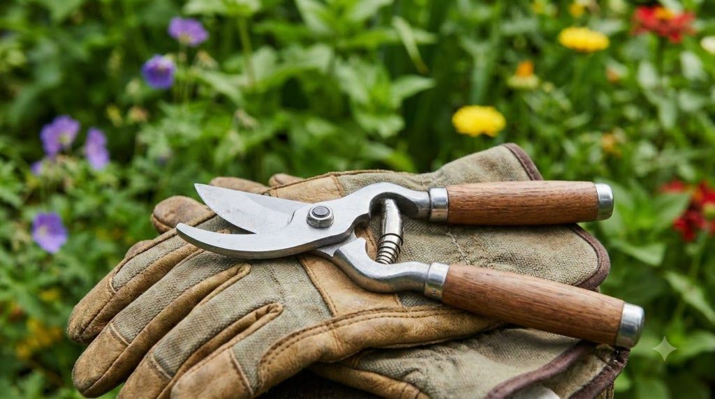 Close-up of clean sharp pruning shears resting on a gardening glove next to a freshly trimmed perennial flower with a bl