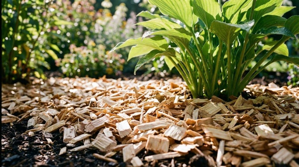 A close-up image of fresh wood chips used as mulch around the base of a healthy garden plant