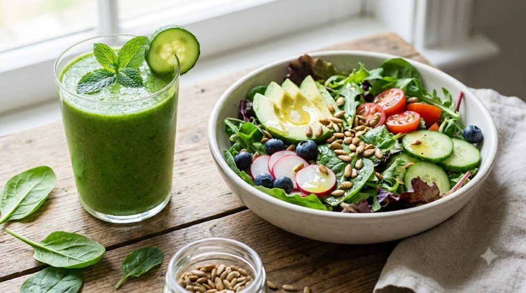 A vibrant green smoothie in a glass next to a fresh colorful salad bowl filled with various green vegetables like brocco