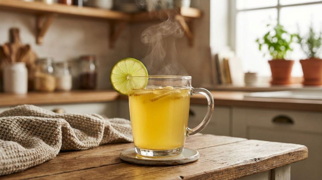 A clear glass mug filled with a golden-yellow ginger and lime immunity drink garnished with a thin lime slice and a few