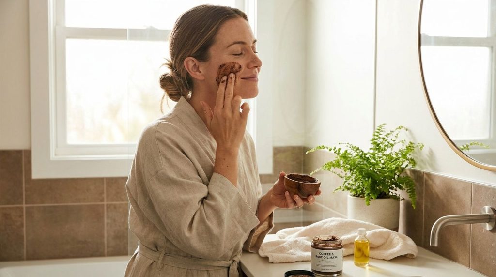 A woman gently applying the coffee and baby oil mixture to her face Her eyes are closed in relaxation and the scene is b