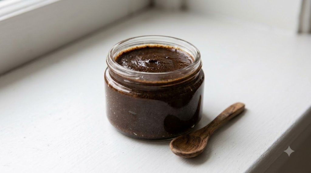 A clean small glass jar filled with the DIY coffee and baby oil mixture looking like a smooth dark brown paste A small w