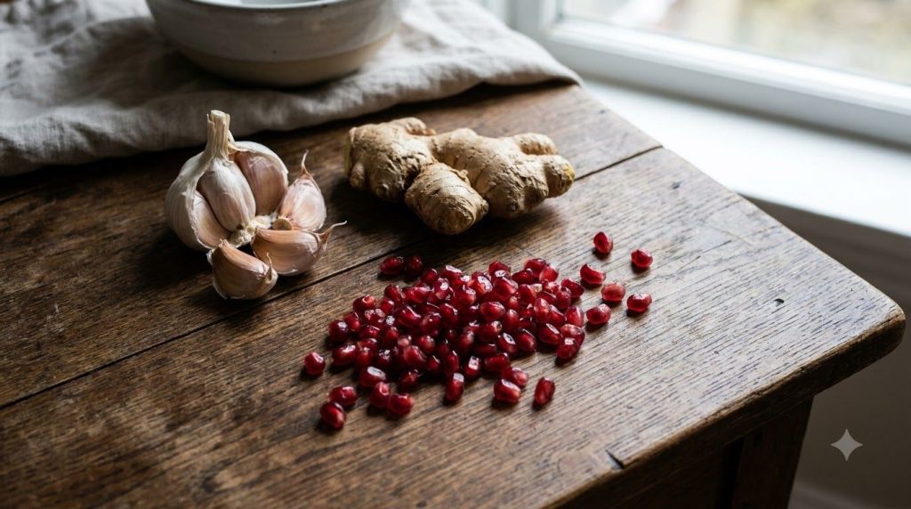 A close-up of fresh garlic cloves ginger root and pomegranate seeds beautifully arranged on a rustic wooden table highli
