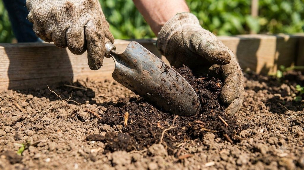 A gardener adding compost to garden soil before planting bulbs showing healthy dark soil with a trowel