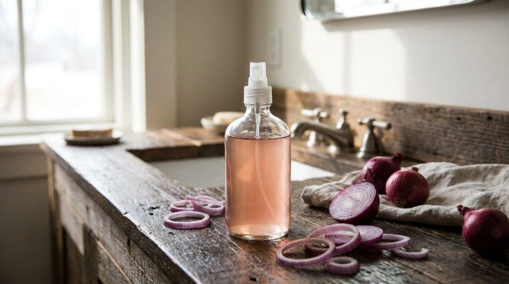 A clear glass spray bottle filled with a light pinkish liquid red onion toner on a wooden vanity surrounded by fresh red