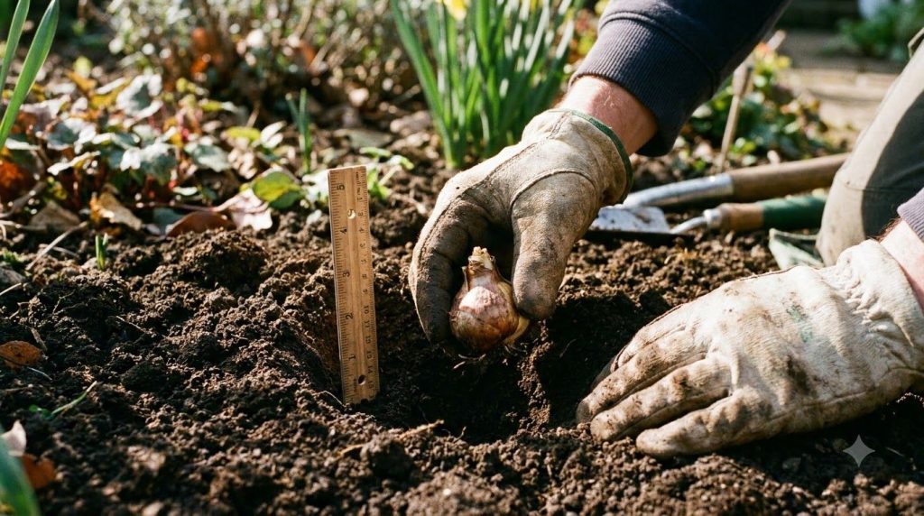 A gardener carefully placing a daffodil bulb into a freshly dug hole in the soil with a measuring stick nearby to show d