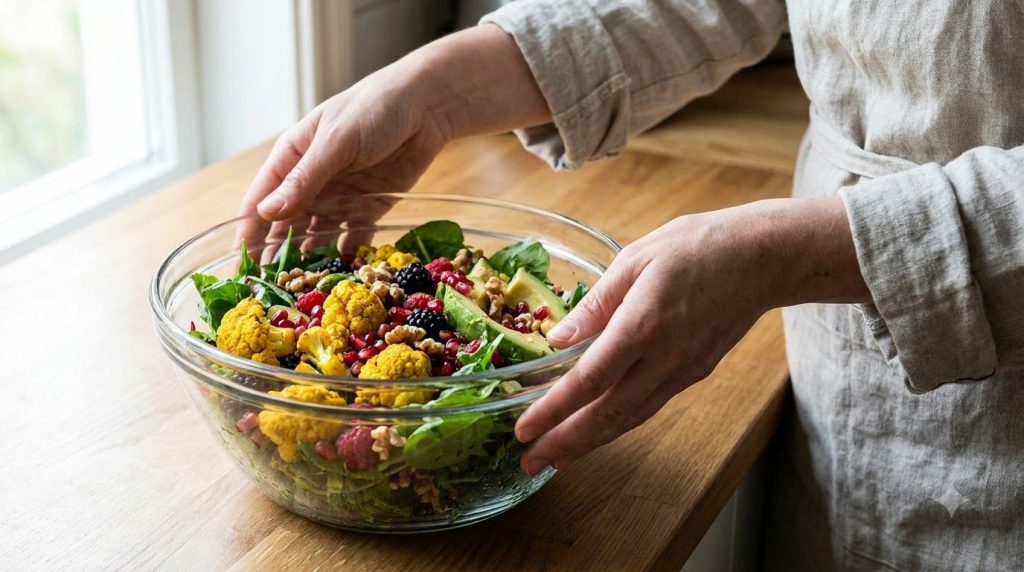 A person s hands preparing a colorful salad in a large bowl with various fresh vegetables like spinach bell peppers and 