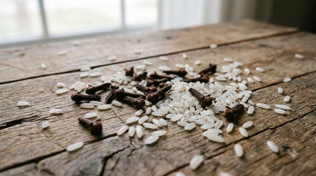 Close-up of cloves and raw rice grains on a rustic wooden surface highlighting their natural beauty