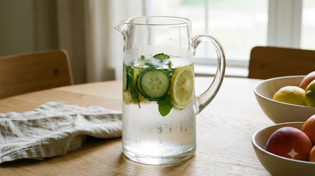 A glass pitcher filled with refreshing fruit-infused water containing slices of cucumber lemon and fresh mint leaves The