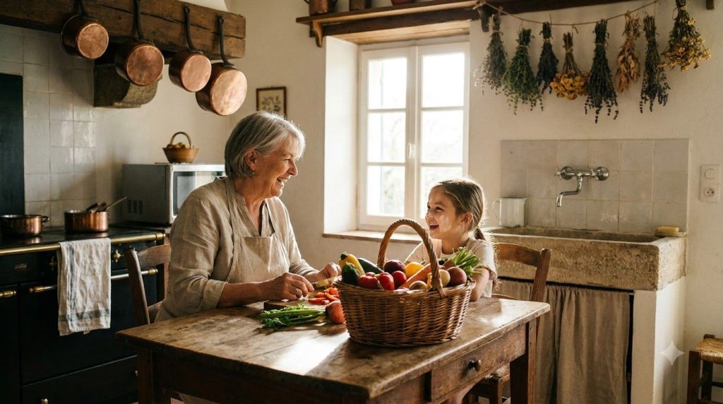A grandmother and granddaughter cooking together in a cozy kitchen preparing fresh vegetables from a basket