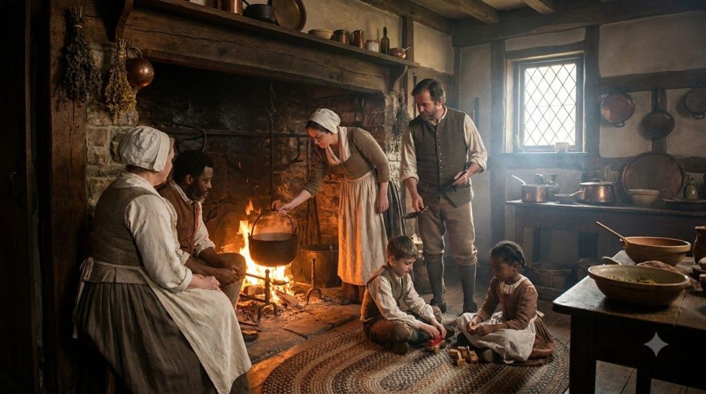 A family gathered around an open hearth cooking a meal with warm flickering light illuminating their faces Children are 