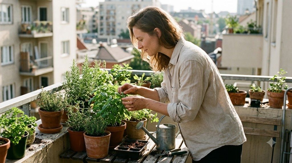 A person tending to a small vibrant herb garden on a sunny balcony demonstrating mindful connection to nature and sustai