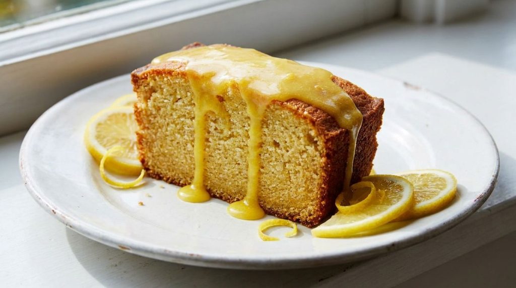 A vibrant lemon glaze drizzled over a piece of pound cake on a white plate with fresh lemon slices nearby