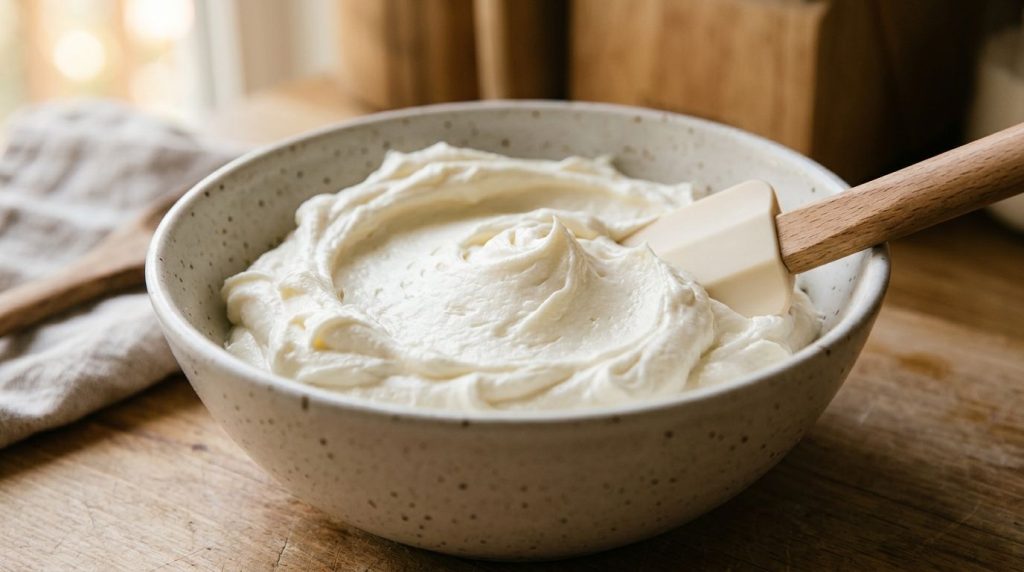 A close-up of a bowl of fluffy cream cheese frosting with a spatula resting in it ready to be spread