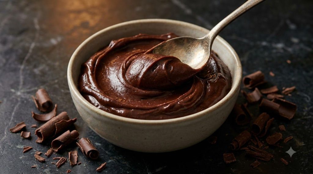 A decadent bowl of rich chocolate fudge frosting with a spoon scooping some out surrounded by chocolate shavings