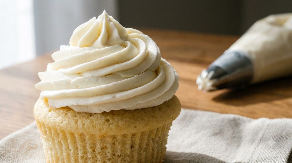A swirl of classic vanilla buttercream frosting on a cupcake with a piping bag in the background